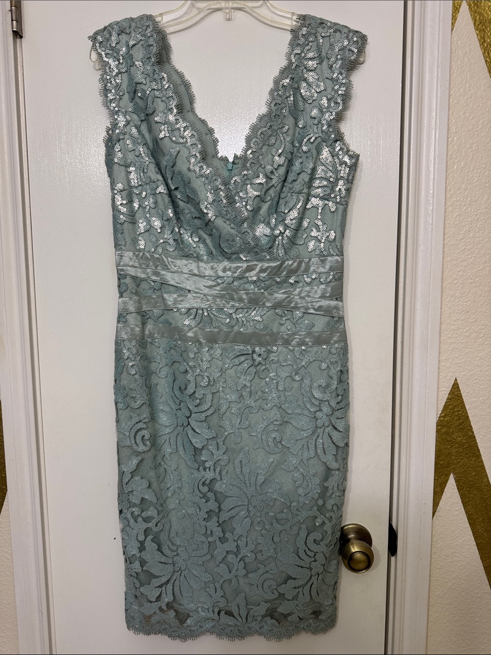 Tadashi shoji Sleeveless Lace and sequin Sheath Dress in Dusty Sage